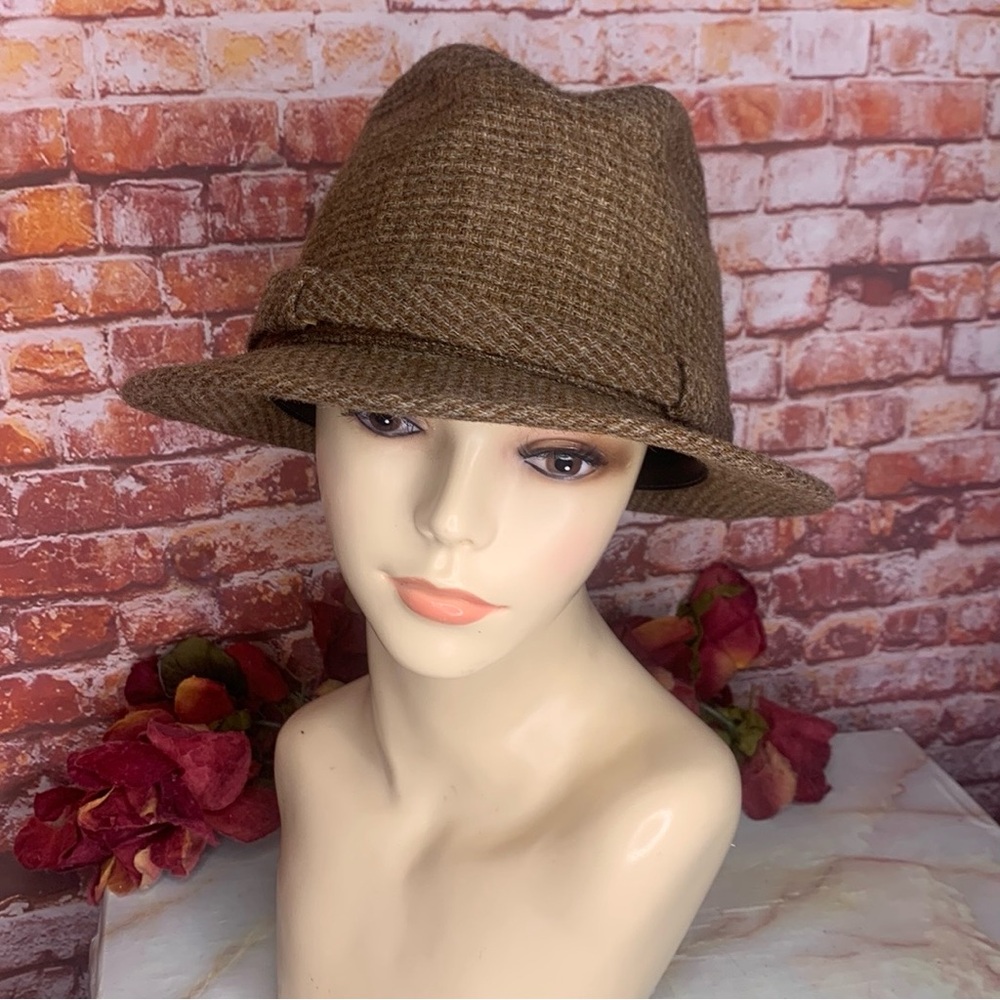 Vintage 70s Brown Wool Tweed Indian Head Penny Fedora Hat